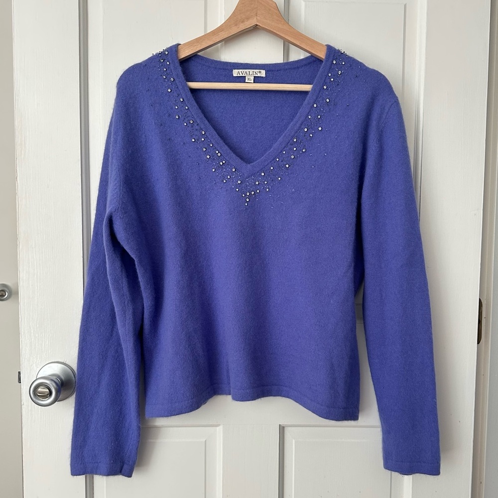 AVALIN Angora Blend Beaded Purple V-Neck Sweater Size XL